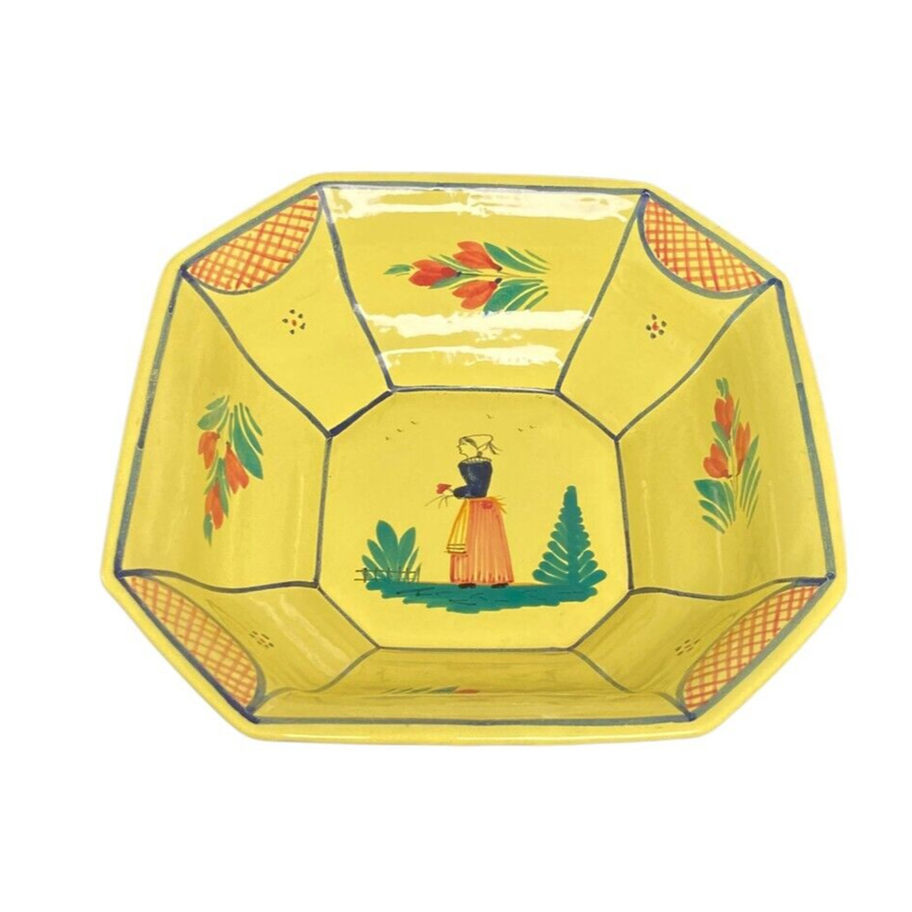 HB Quimper, Soleil Yellow Bretonne Woman Square Deep Serving Bowl France Signed